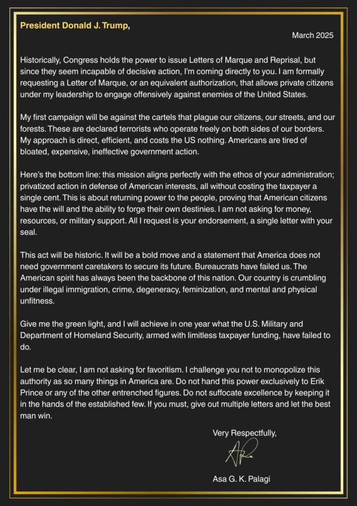 U.S. Military Officer Requests Letter of Marque to Combat Cartels–Calls for Privatized Action