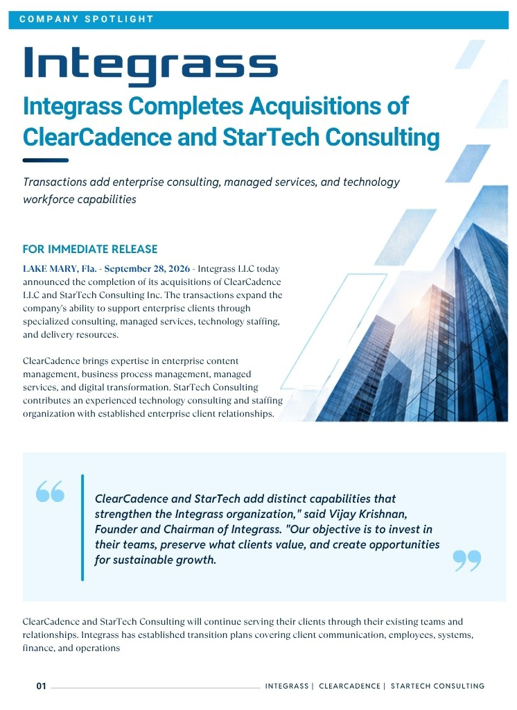 Integrass Completes Acquisitions of ClearCadence and StarTech Consulting
